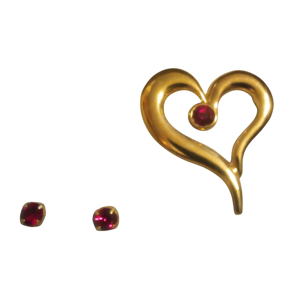 Vintage Avon Gold Tone Heart Brooch and Red Faux Ruby Stud Earrings Jewelry Set - Picture 5 of 8